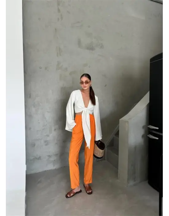 BEL LASTİK DETAYLI MODAL KUMAŞ PANTOLON - Orange