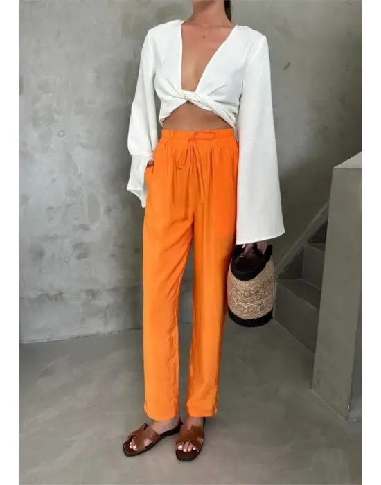 BEL LASTİK DETAYLI MODAL KUMAŞ PANTOLON - Orange
