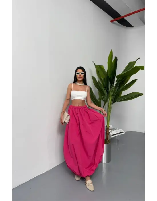 BEL LASTİKLİ BALON ETEK ŞANEL BOY SOFT KUMAŞ - Fuşya