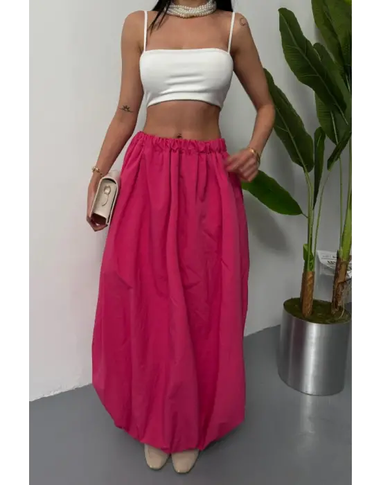 BEL LASTİKLİ BALON ETEK ŞANEL BOY SOFT KUMAŞ - Fuşya