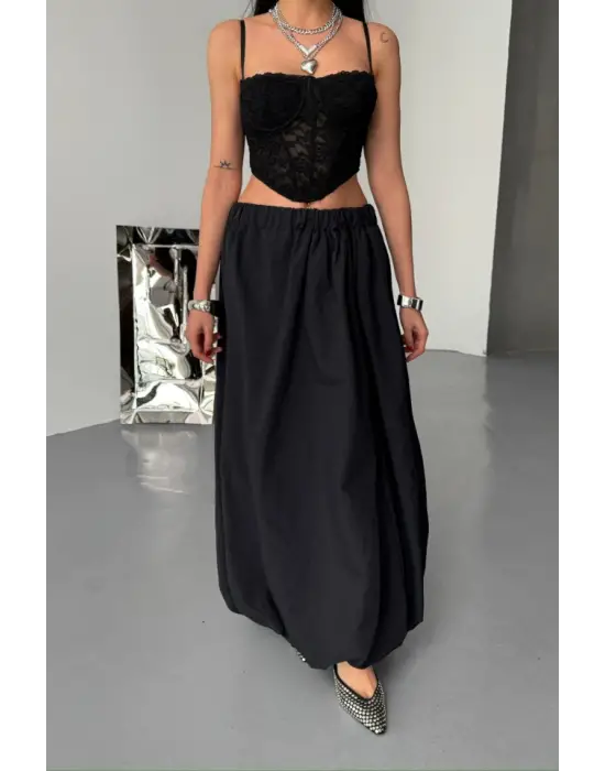 BEL LASTİKLİ BALON ETEK ŞANEL BOY SOFT KUMAŞ - Siyah