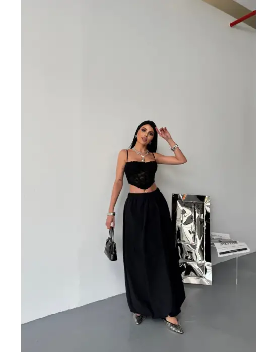 BEL LASTİKLİ BALON ETEK ŞANEL BOY SOFT KUMAŞ - Siyah