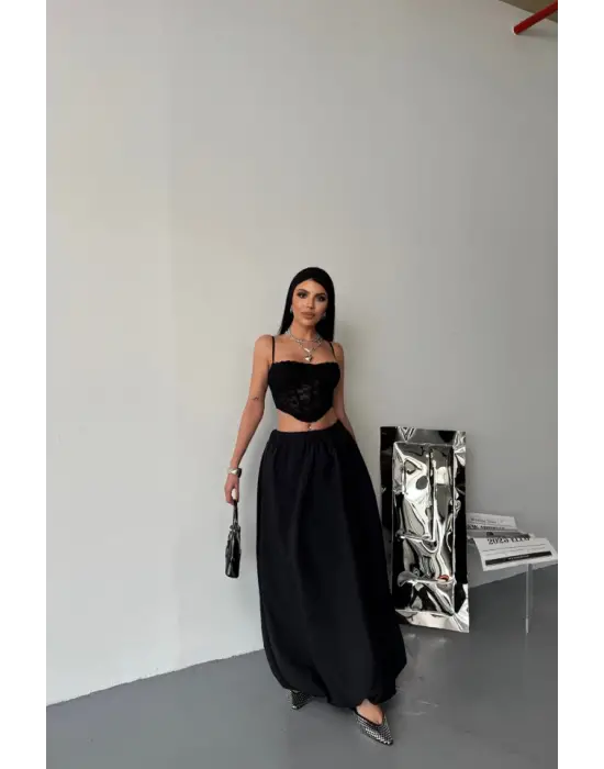 BEL LASTİKLİ BALON ETEK ŞANEL BOY SOFT KUMAŞ - Siyah