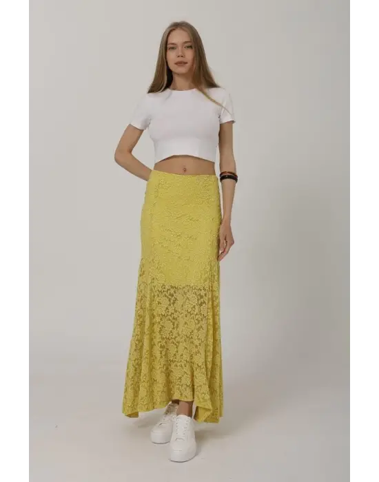 Omarı Sarı Dantel Etek - Bel Lastikli ve Şık Tasarım