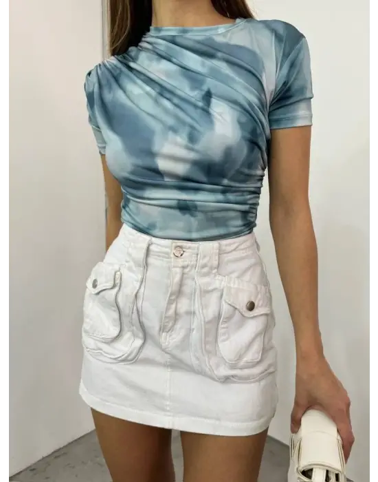 Bel Omuz Büzgülü Batik Baskı Sendy Bluz -Açık Mavi