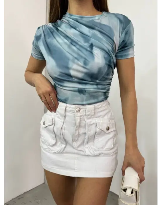 Omarı Omuz Detaylı Batik Baskı Bluz - Açık Mavi