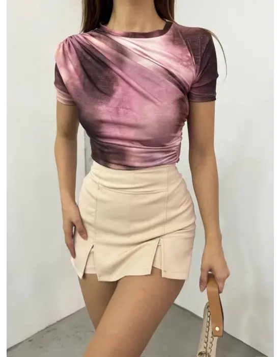 Omarı Büzgülü Batik Baskılı Omuz Detaylı Bluz