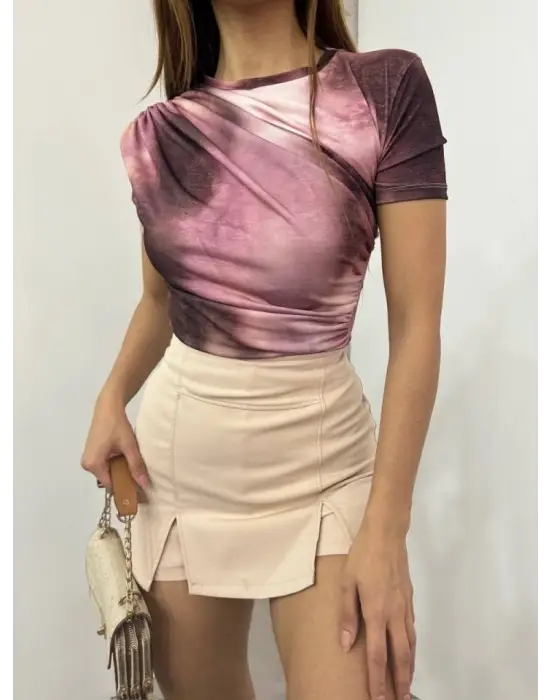 Bel Omuz Büzgülü Batik Baskı Sendy Bluz -G.Kurusu