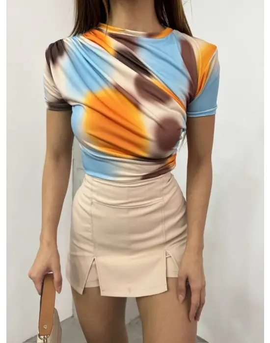 Bel Omuz Büzgülü Batik Baskı Sendy Bluz -Kayısı Rengi