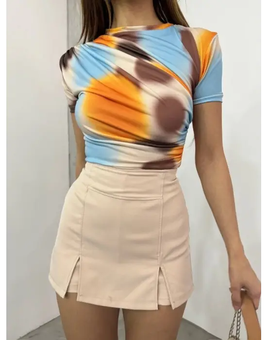 Bel Omuz Büzgülü Batik Baskı Sendy Bluz -Kayısı Rengi