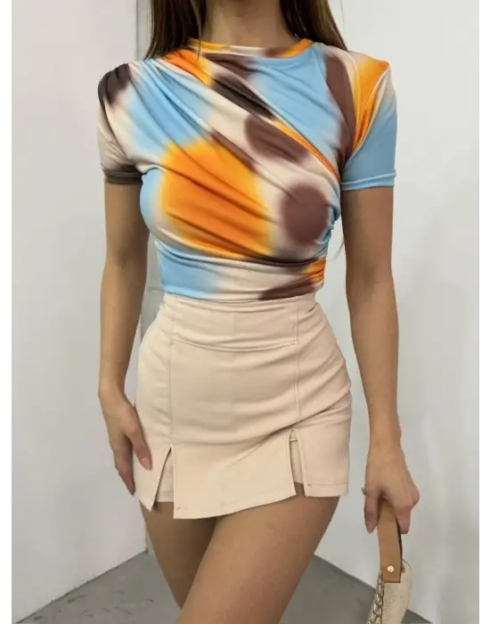 Bel Omuz Büzgülü Batik Baskı Sendy Bluz -Kayısı Rengi