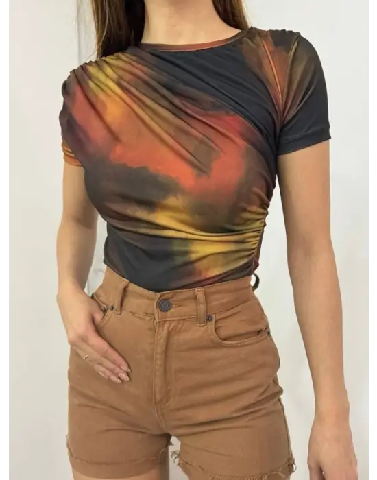 Bel Omuz Büzgülü Batik Baskı Sendy Bluz  -Kiremit