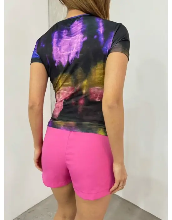 Bel Omuz Büzgülü Batik Baskı Sendy Bluz -Mor