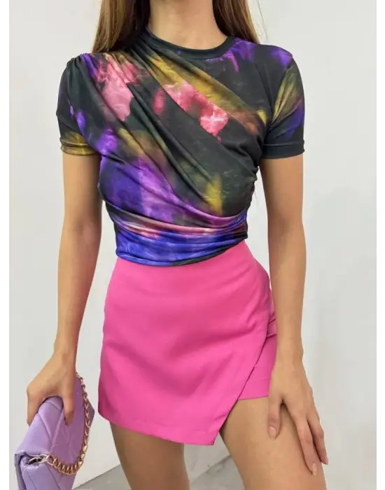 Bel Omuz Büzgülü Batik Baskı Sendy Bluz -Mor