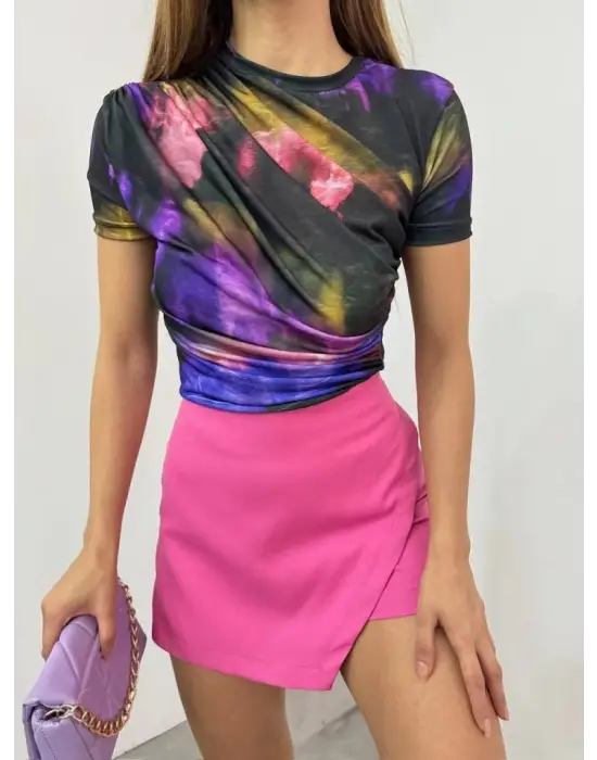 Omarı Mor Batik Baskılı Bel Omuz Bluz