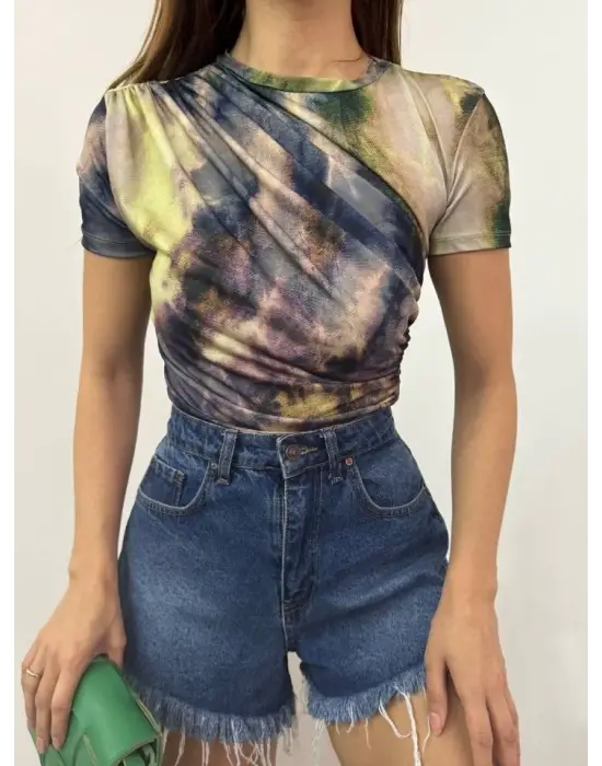 Omarı Kadın Bel Omuz Detaylı Batik Baskı Bluz - Yeşil