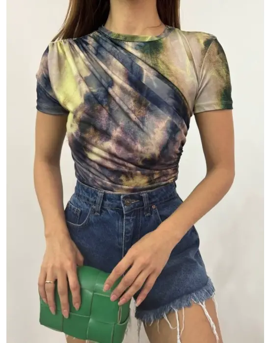 Omarı Kadın Bel Omuz Detaylı Batik Baskı Bluz - Yeşil