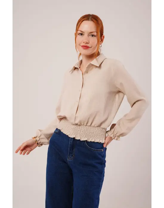 Bel Ve Bilek Lastikli Bej Bluz