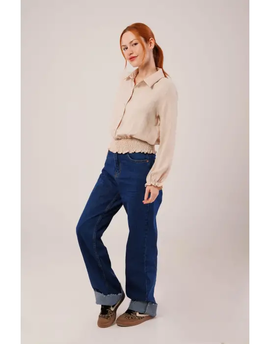 Bel Ve Bilek Lastikli Bej Bluz