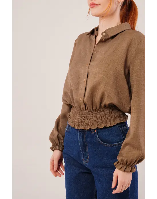 Omarı Esnek Bel ve Serbest Bilek Detaylı Kahverengi Bluz