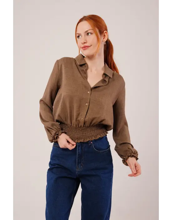 Omarı Esnek Bel ve Serbest Bilek Detaylı Kahverengi Bluz