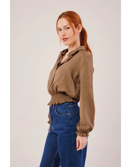 Omarı Esnek Bel ve Serbest Bilek Detaylı Kahverengi Bluz