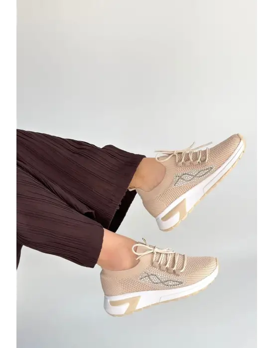 Belan Bej Triko Bağcıklı Spor Ayakkabı