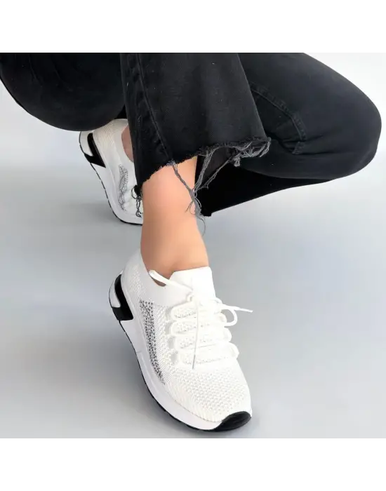 Belan Beyaz Triko Bağcıklı Spor Ayakkabı