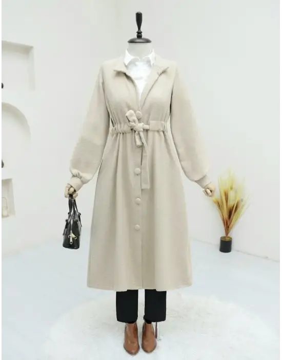 Belden Bağlamalı Top Düğmeli Kaşe Kaban  -Bej