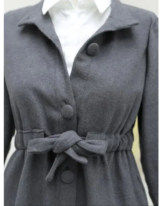 Belden Bağlamalı Top Düğmeli Kaşe Kaban -Füme