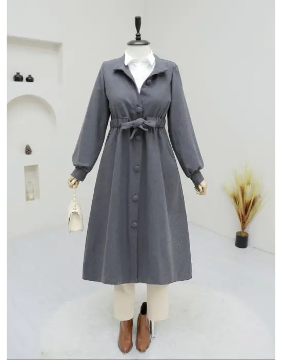 Belden Bağlamalı Top Düğmeli Kaşe Kaban -Füme