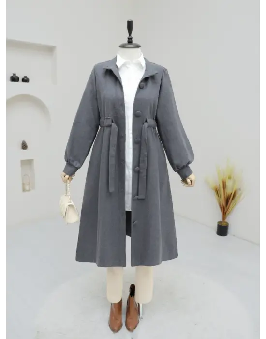 Belden Bağlamalı Top Düğmeli Kaşe Kaban -Füme