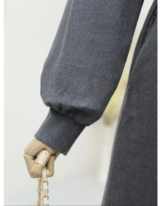 Belden Bağlamalı Top Düğmeli Kaşe Kaban -Füme