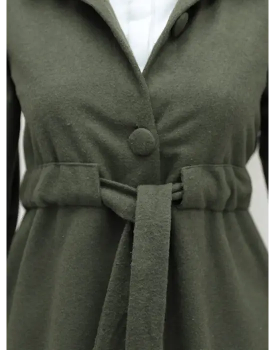 Belden Bağlamalı Top Düğmeli Kaşe Kaban -Haki