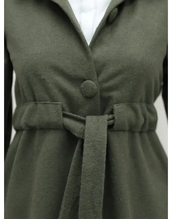 Belden Bağlamalı Top Düğmeli Kaşe Kaban -Haki