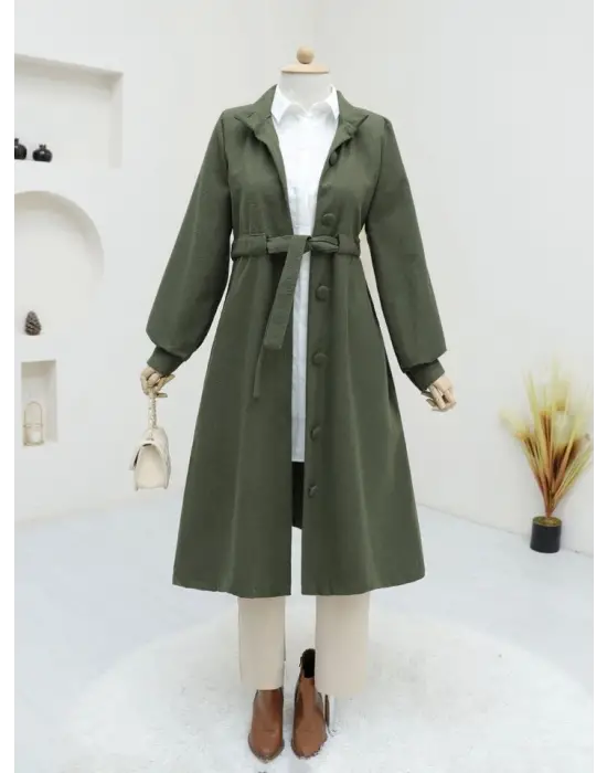 Haki Belden Bağlamalı Top Düğmeli Kaşe Kaban Kadın Giyim