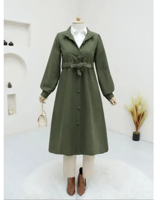 Belden Bağlamalı Top Düğmeli Kaşe Kaban -Haki