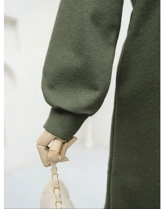 Belden Bağlamalı Top Düğmeli Kaşe Kaban -Haki