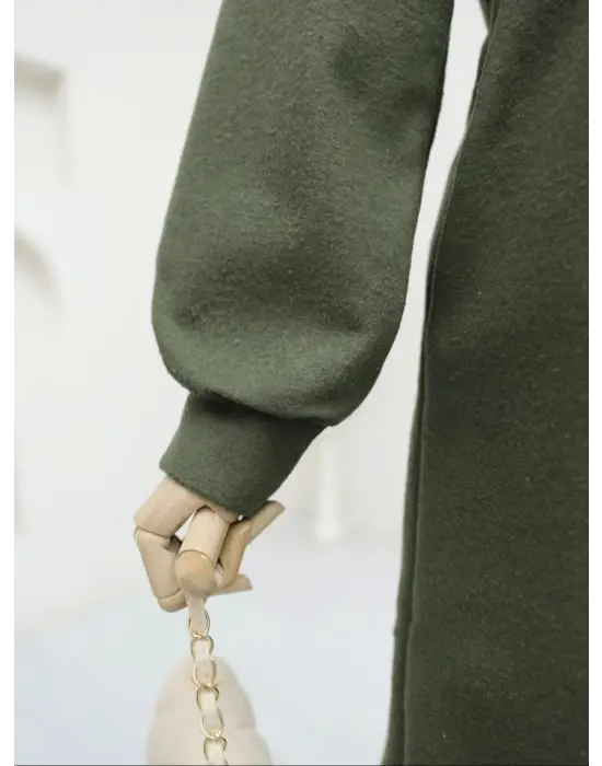 Belden Bağlamalı Top Düğmeli Kaşe Kaban -Haki