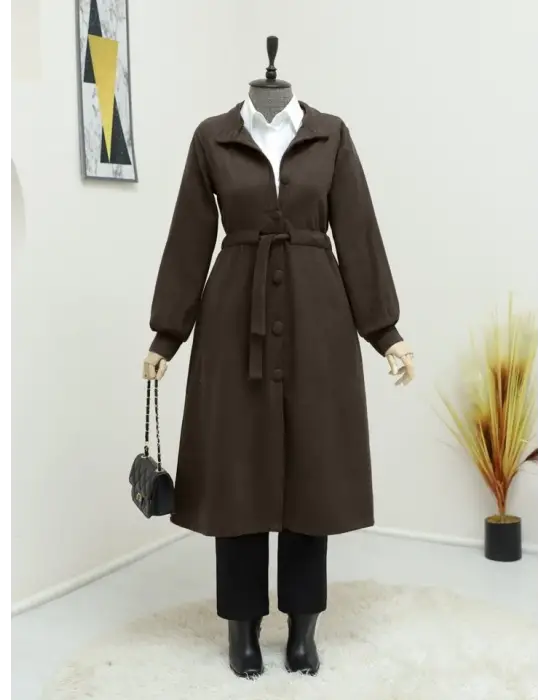 Kahverengi Belden Bağlamalı Top Düğmeli Kaşe Kaban Kadın Giyim