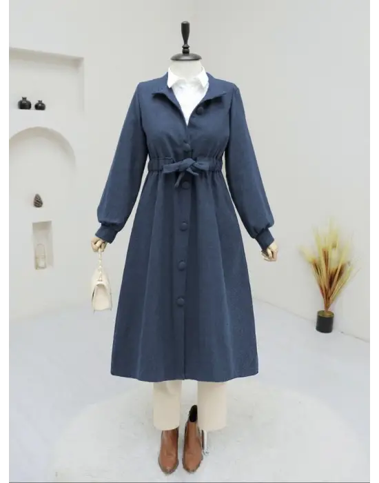 Laci Belden Bağlamalı Top Düğmeli Kaşe Kaban Kadın Giyim