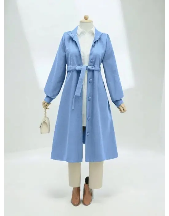 Belden Bağlamalı Top Düğmeli Kaşe Kaban -Mavi