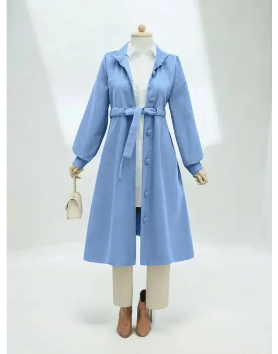 Belden Bağlamalı Top Düğmeli Kaşe Kaban -Mavi