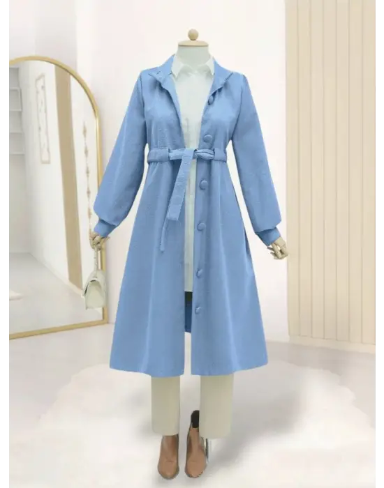 Belden Bağlamalı Top Düğmeli Kaşe Kaban -Mavi