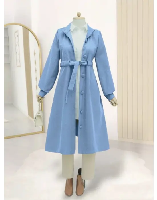 Belden Bağlamalı Top Düğmeli Kaşe Kaban -Mavi