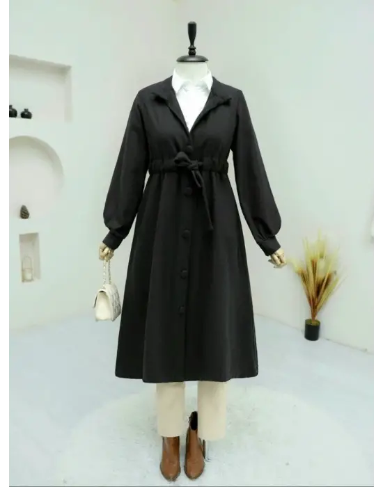 Belden Bağlamalı Top Düğmeli Kaşe Kaban -Siyah