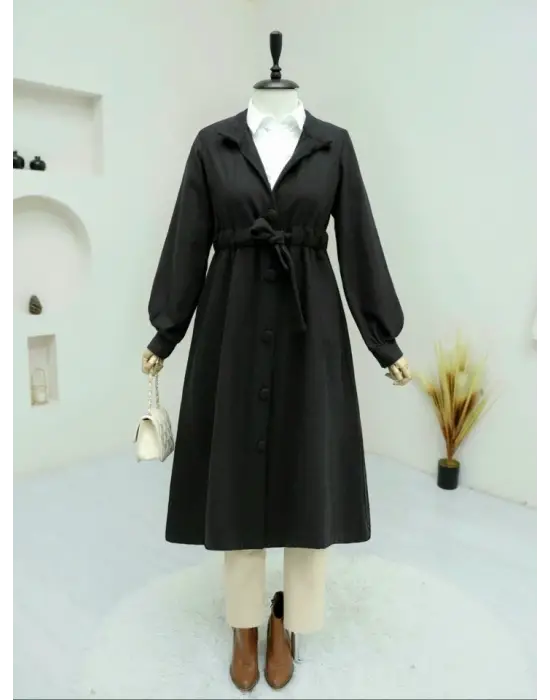 Belden Bağlamalı Top Düğmeli Kaşe Kaban -Siyah