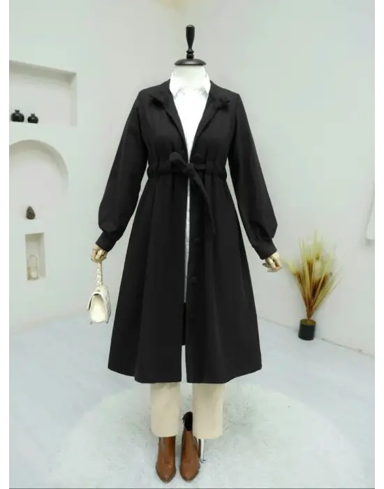 Belden Bağlamalı Top Düğmeli Kaşe Kaban -Siyah