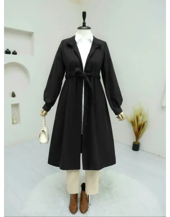 Belden Bağlamalı Top Düğmeli Kaşe Kaban -Siyah