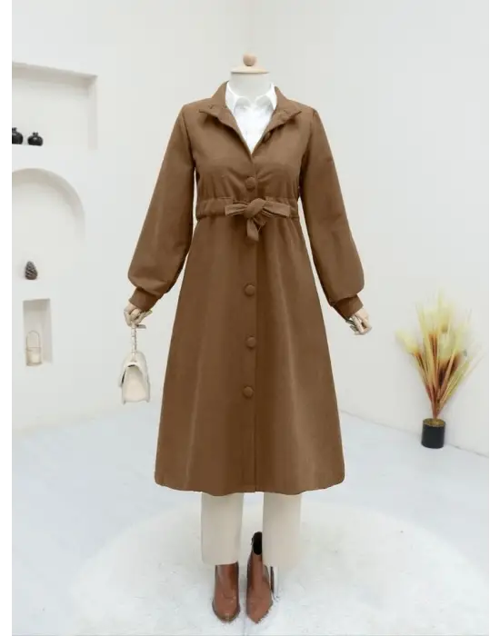 Tarçın Belden Bağlamalı Top Düğmeli Kaşe Kaban Kadın Giyim